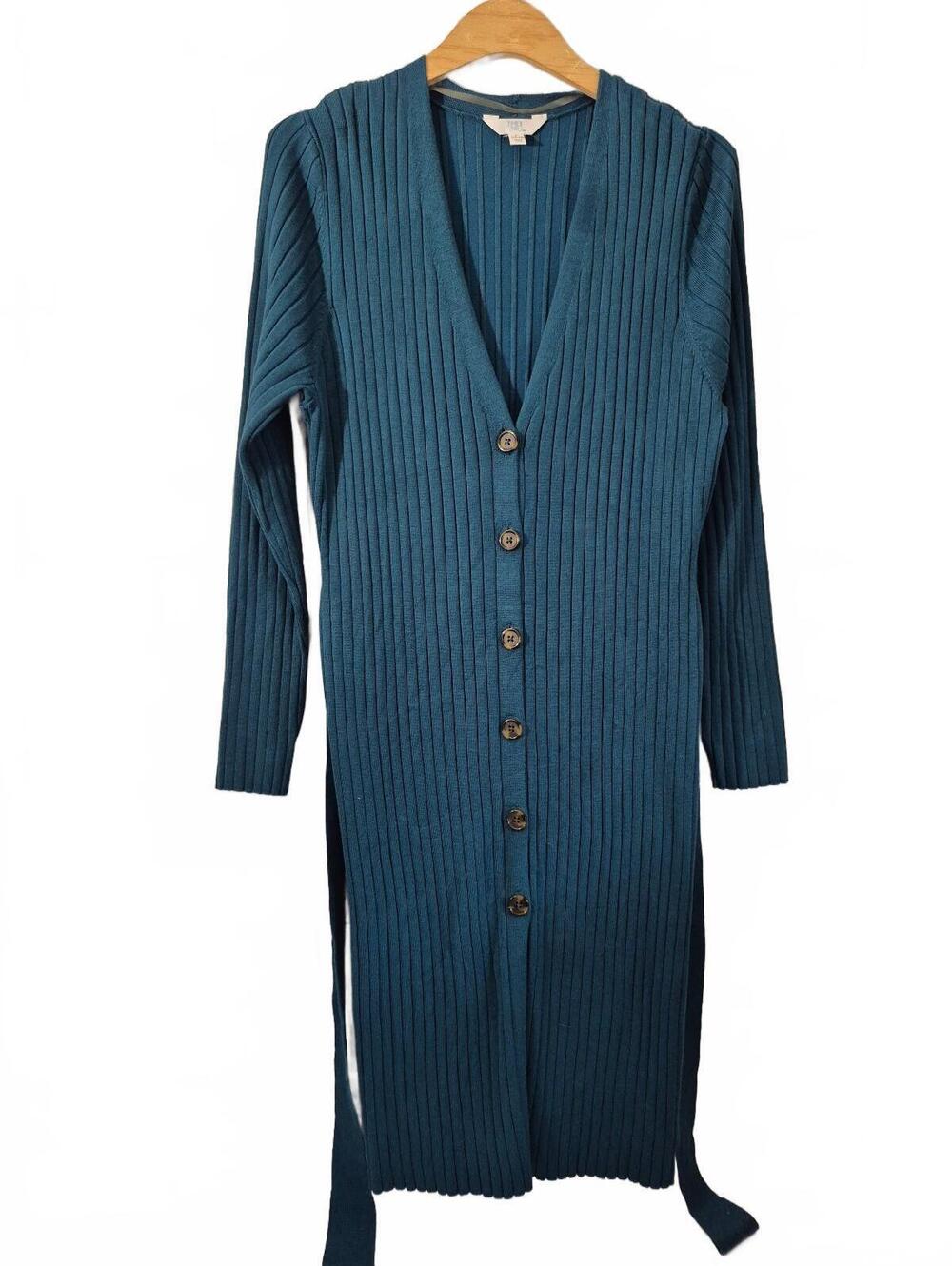Time And Tru Women’s Ribbed Duster Dress Cardigan Gem Slate Belted Size L 12-14